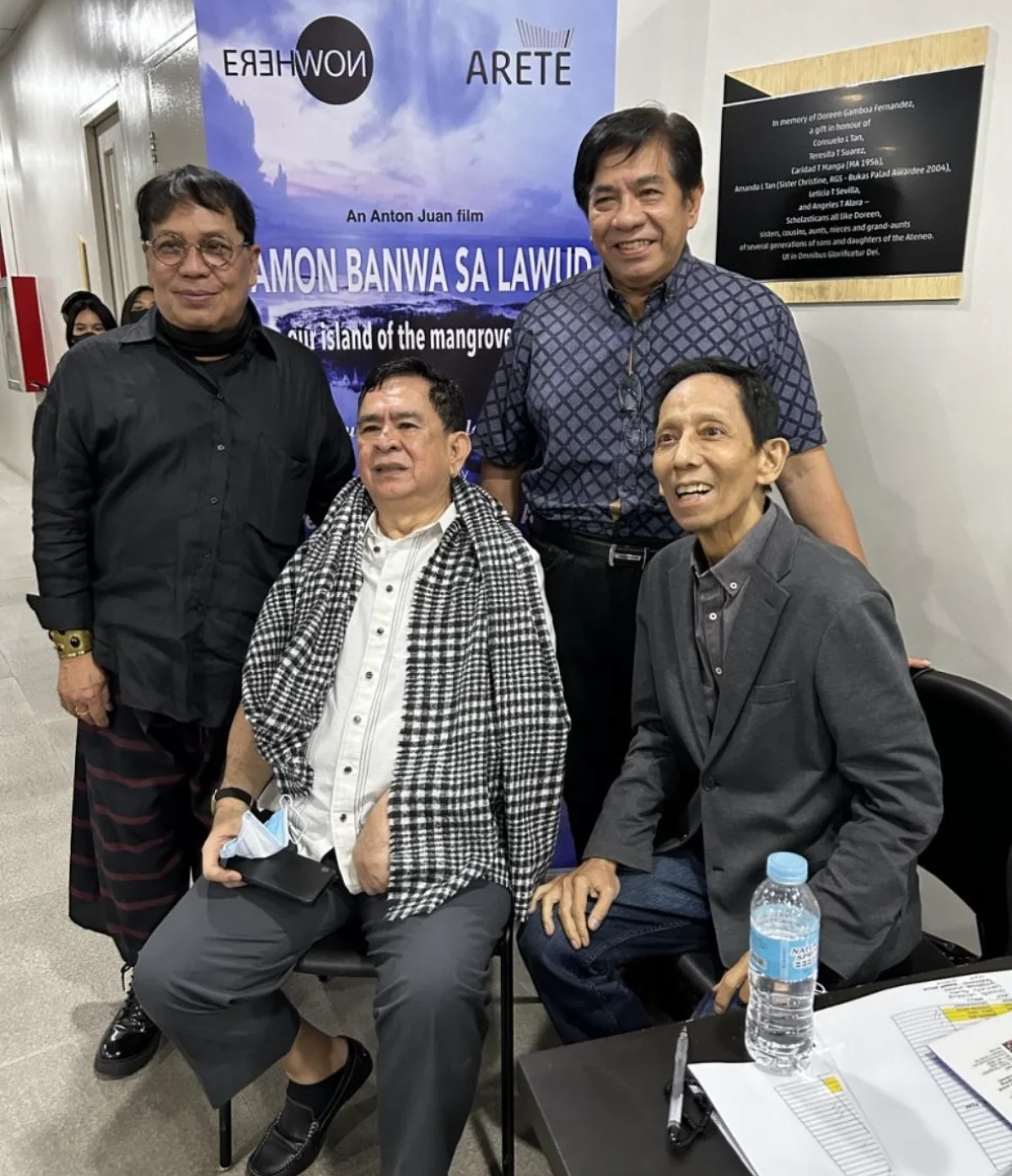 Erehwon chairman Rafael Benitez and Areté Artistic Director (both seated), with film maker Anton Juan and Erehwon Art Foundation president Jesus Varela welcome guests to the gala preview of “Amon Banwa sa Lawud” at Ateneo de Manila University.